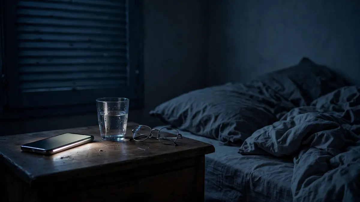 Una mesilla de noche a oscuras con un móvil encendido de lado, un vaso de agua y unas gafas, junto a una cama deshecha