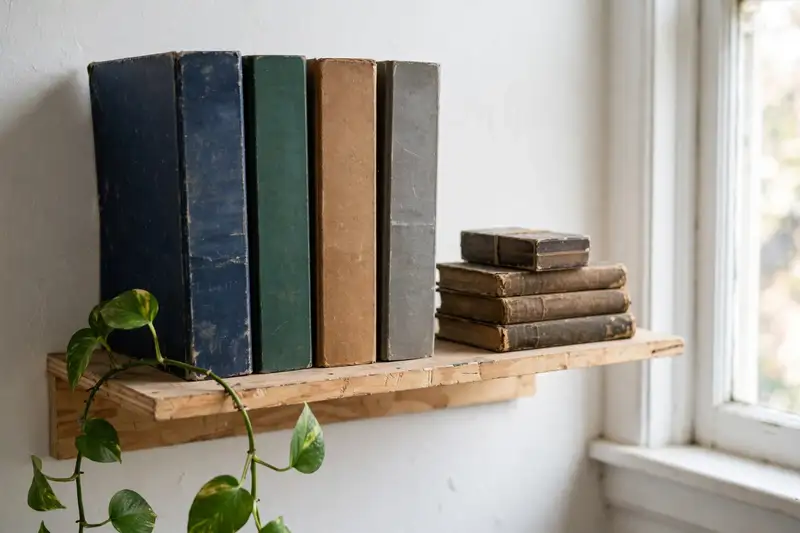 Una estantería con cuatro archivadores de colores, libros viejos y una baraja con una goma elástica alrededor