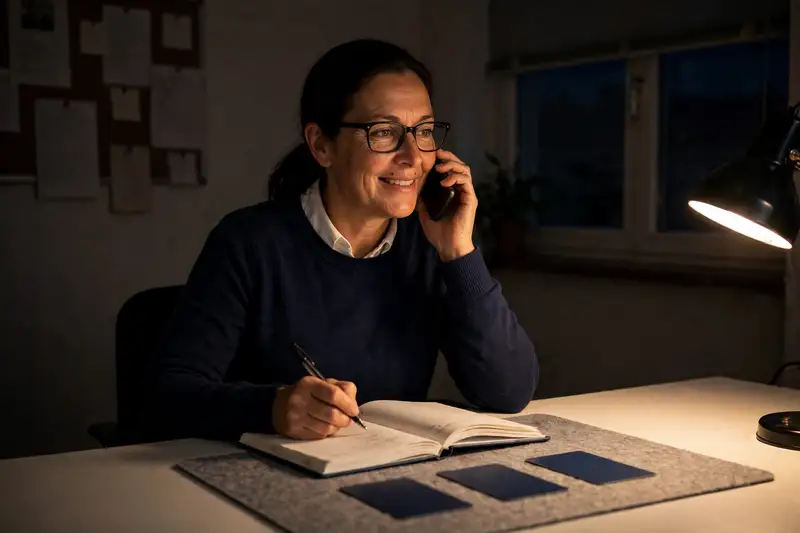 Aura de noche, al teléfono en su escritorio, apuntando en la agenda bajo la luz del flexo