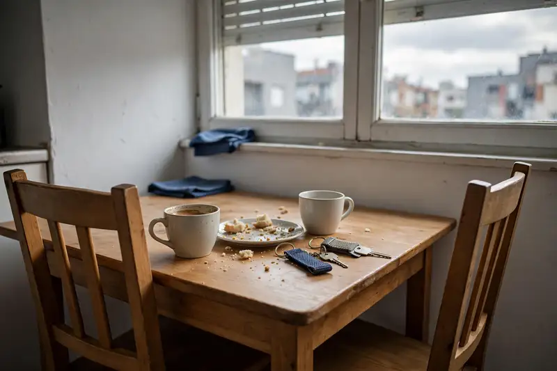 La mesa de una cocina con dos tazas, unas llaves y una silla apartada, como si alguien se hubiera levantado deprisa