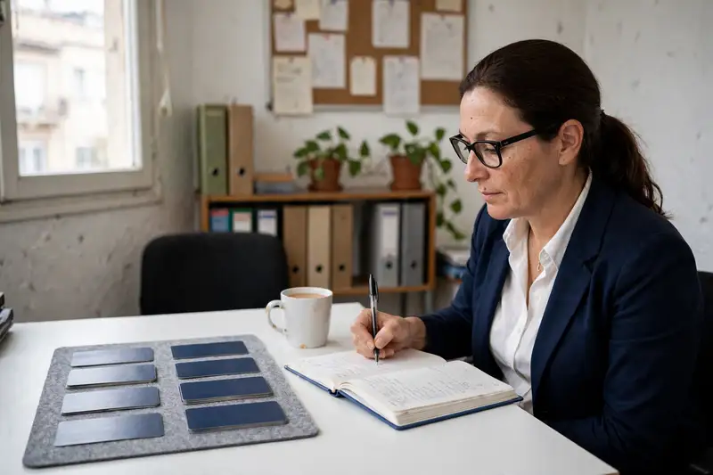 Aura en su escritorio, apuntando en la agenda junto a un tapete gris con las cartas boca abajo en dos columnas