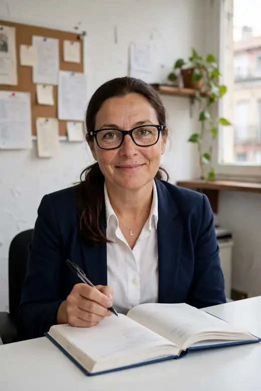 Retrato de Aura en su despacho de San José, con gafas de pasta negra y la agenda abierta delante